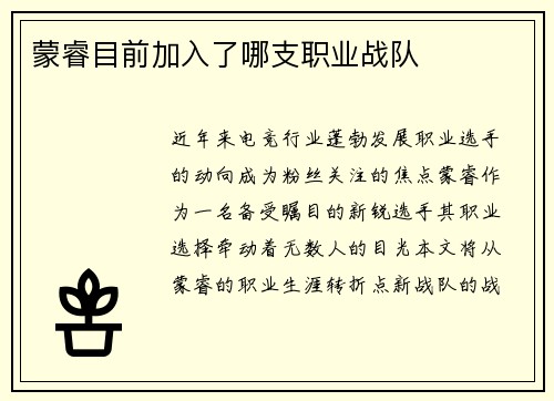 蒙睿目前加入了哪支职业战队
