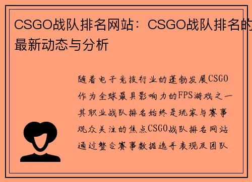 CSGO战队排名网站：CSGO战队排名的最新动态与分析