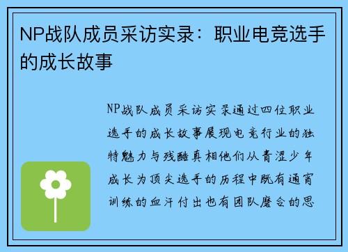 NP战队成员采访实录：职业电竞选手的成长故事