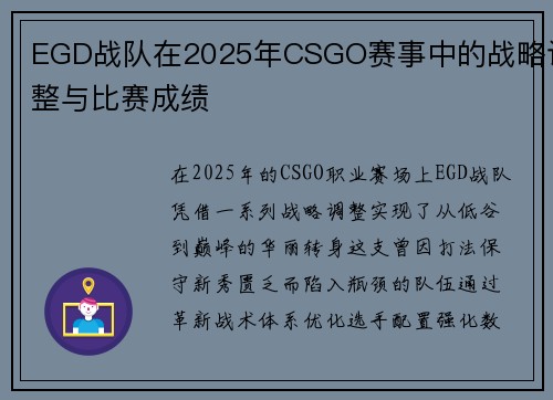 EGD战队在2025年CSGO赛事中的战略调整与比赛成绩