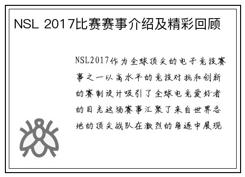 NSL 2017比赛赛事介绍及精彩回顾