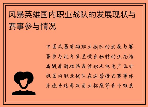 风暴英雄国内职业战队的发展现状与赛事参与情况